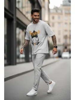 Tricou barbati gri, cu imprimeu, oversize Y171 22A-2.2 Tricou barbati gri, cu imprimeu, oversize Y171 22A-2.2